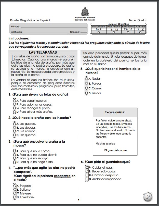 Prueba Diagnóstica Español Tercer Grado