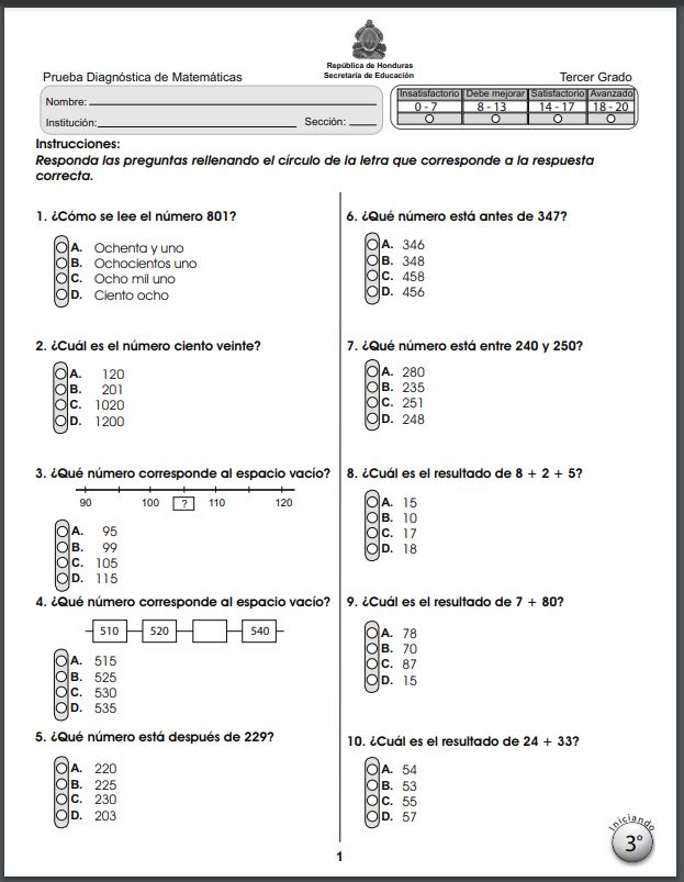 Prueba Diagnóstica Matemáticas Tercer Grado