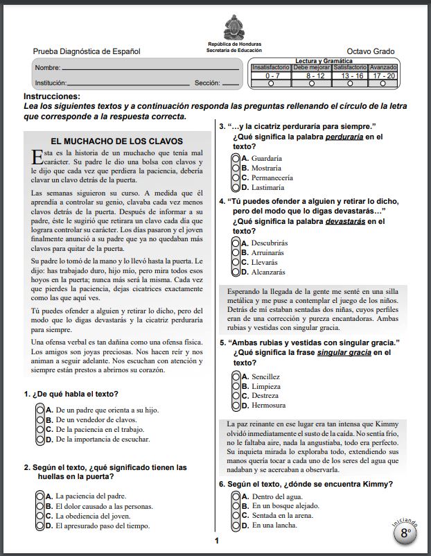 Prueba Diagnóstica Español Octavo Grado