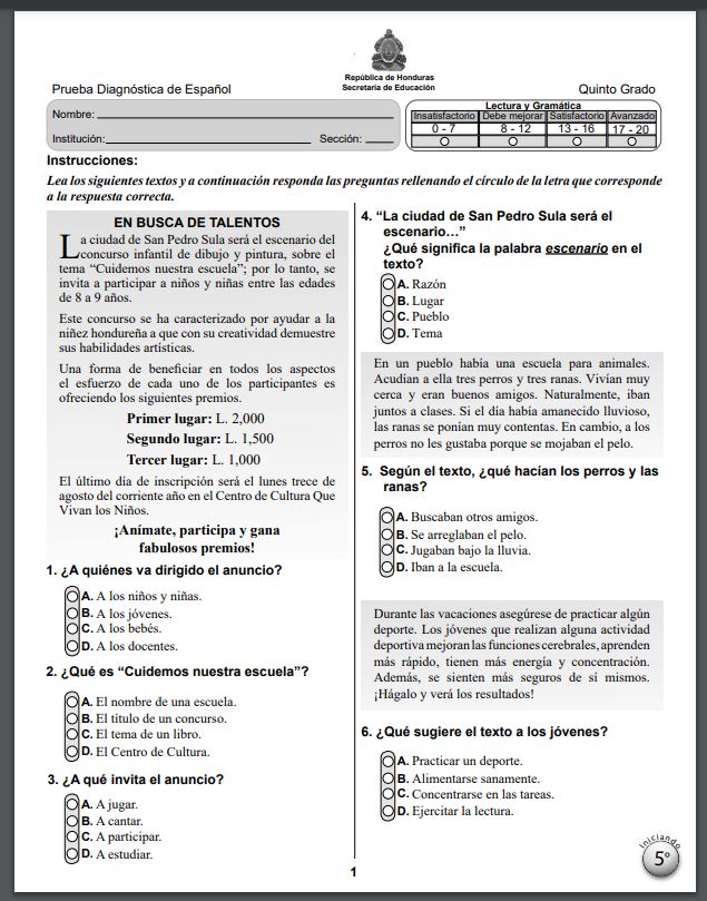 Prueba Diagnóstica Español Quinto Grado