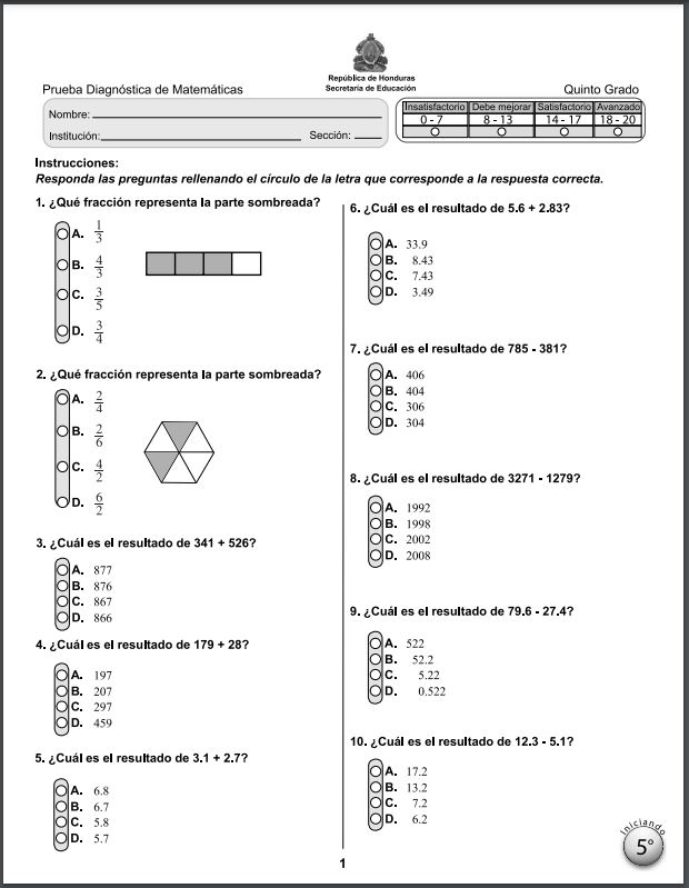 Prueba Diagnóstica Matemáticas Quinto Grado